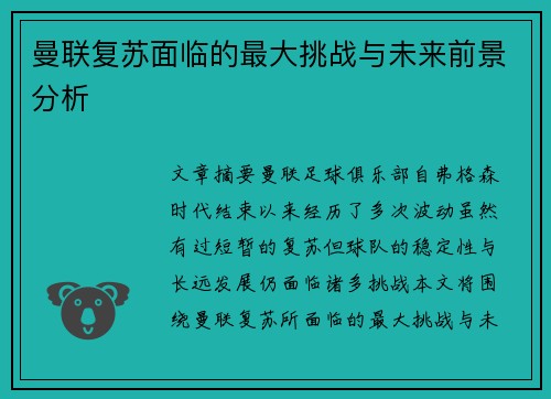 曼联复苏面临的最大挑战与未来前景分析