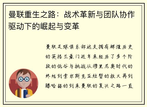 曼联重生之路：战术革新与团队协作驱动下的崛起与变革
