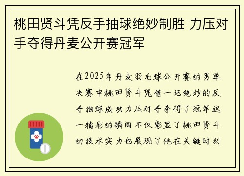 桃田贤斗凭反手抽球绝妙制胜 力压对手夺得丹麦公开赛冠军