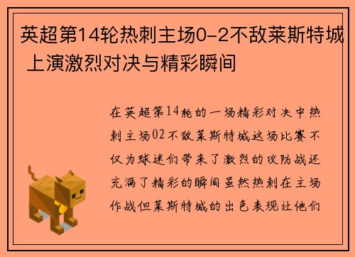 英超第14轮热刺主场0-2不敌莱斯特城 上演激烈对决与精彩瞬间