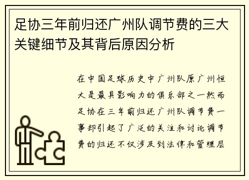 足协三年前归还广州队调节费的三大关键细节及其背后原因分析